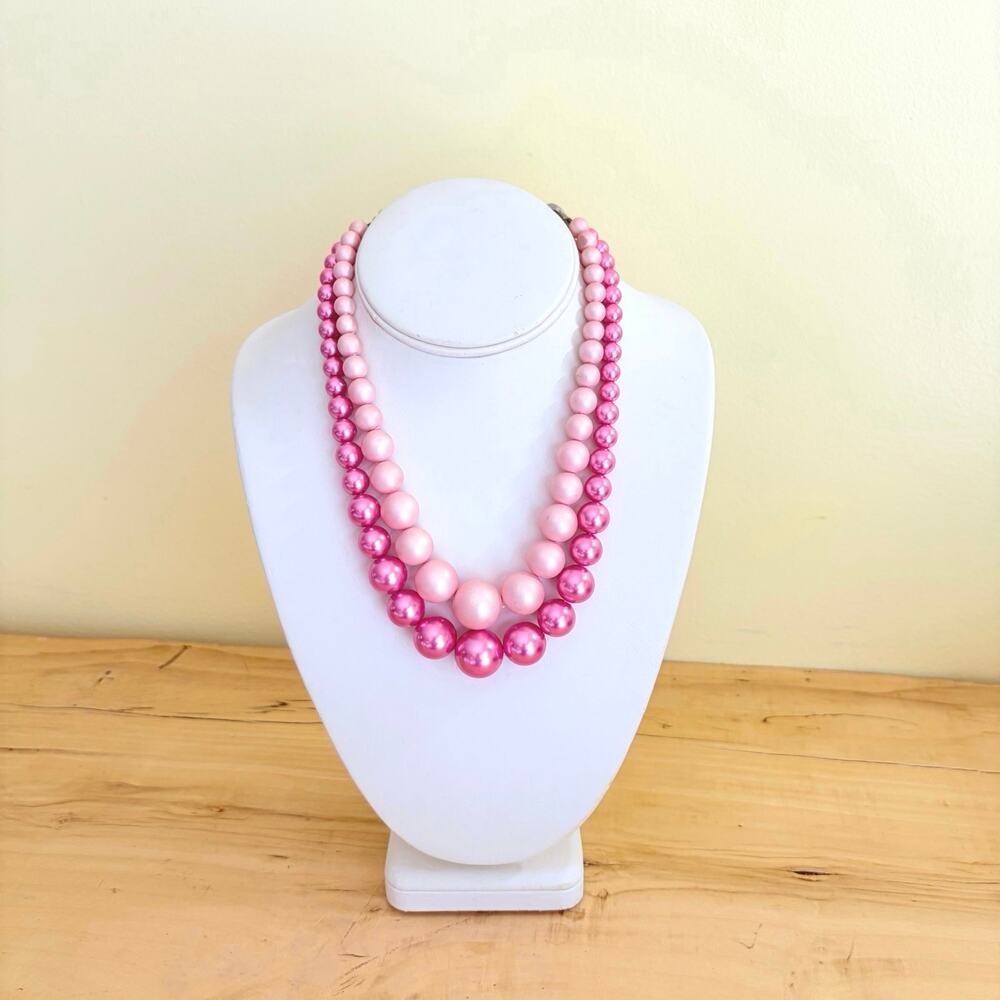 Vtg 1950s MCM Pink Dbl-Strand Graduated Faux Peal Necklace Mid-Century Classic